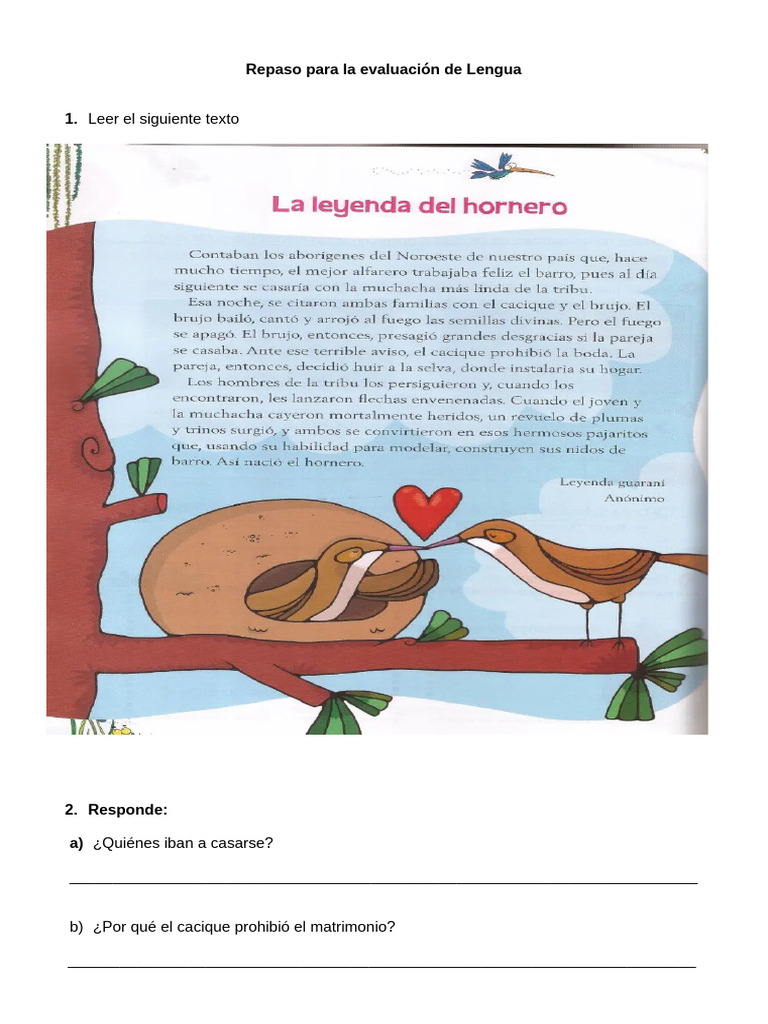 Actividades sobre la Leyenda del Hornero | PDF