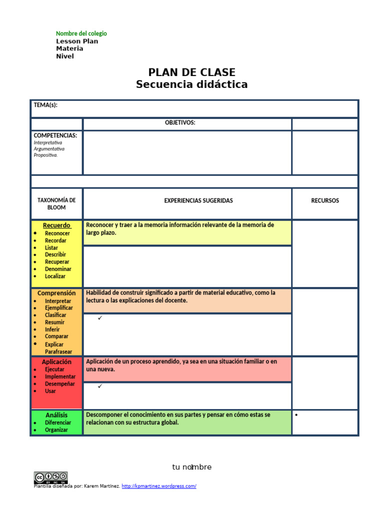Plan de Clase y Taxonomía de Bloom | PDF | Memoria | Cognición
