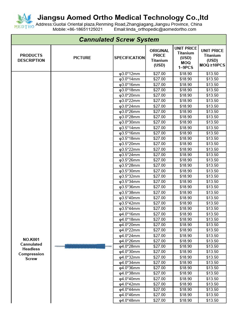 Titanium Cannulated Screw Pricing | PDF