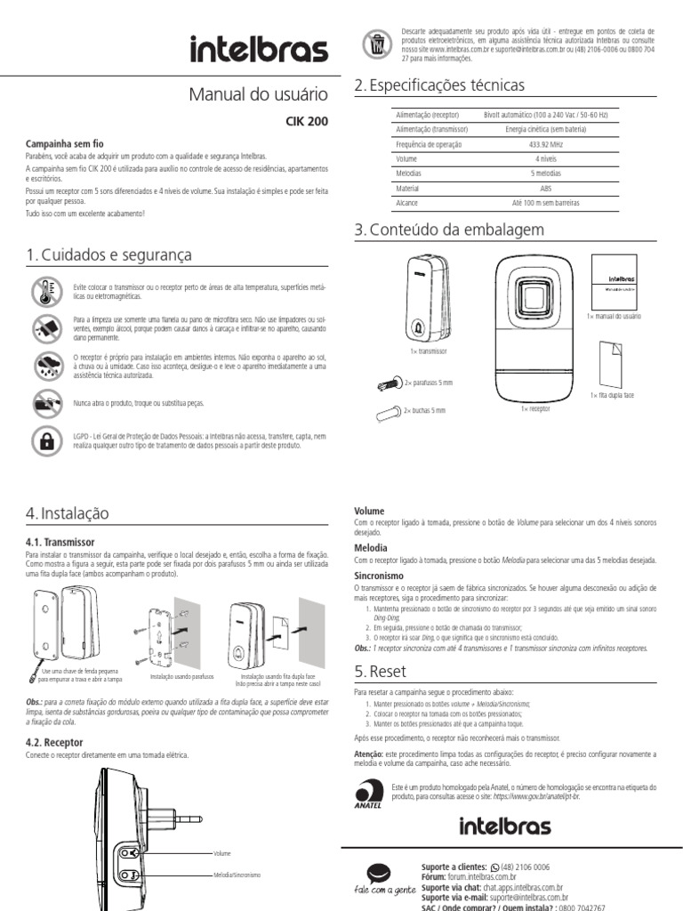 Manual da Campainha CIK 200 Intelbras | PDF | Sem fio