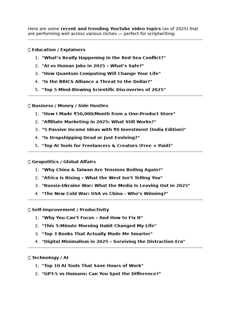 Trending YouTube Video Topics 2025 | PDF