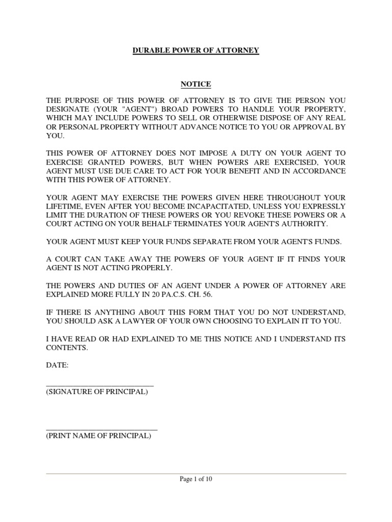 Durable Power of Attorney | PDF | Power Of Attorney | Pension for Free Printable Durable Power Of Attorney Form Texas