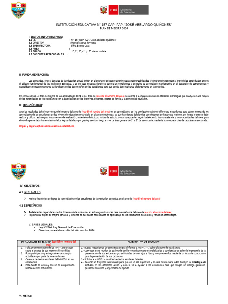 Plan de Mejora Educativa 2024 I.E. 157 | PDF | Enseñando | Escuelas