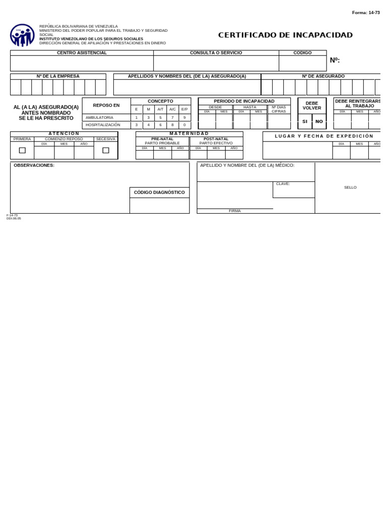 Certificado de Incapacidad IVSS 14-73 | PDF