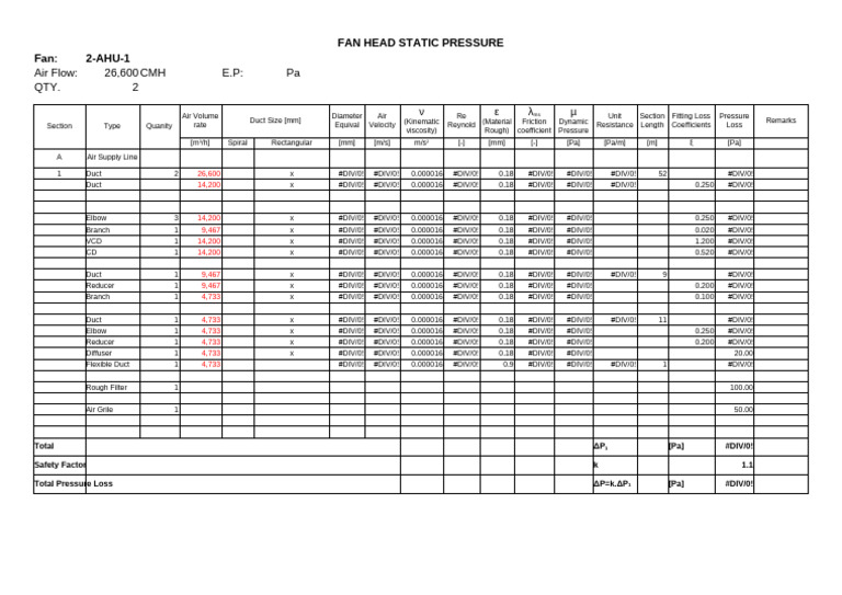 Head Static Pressure Calculation For Ducting AHU (2012.07.03) | PDF ...