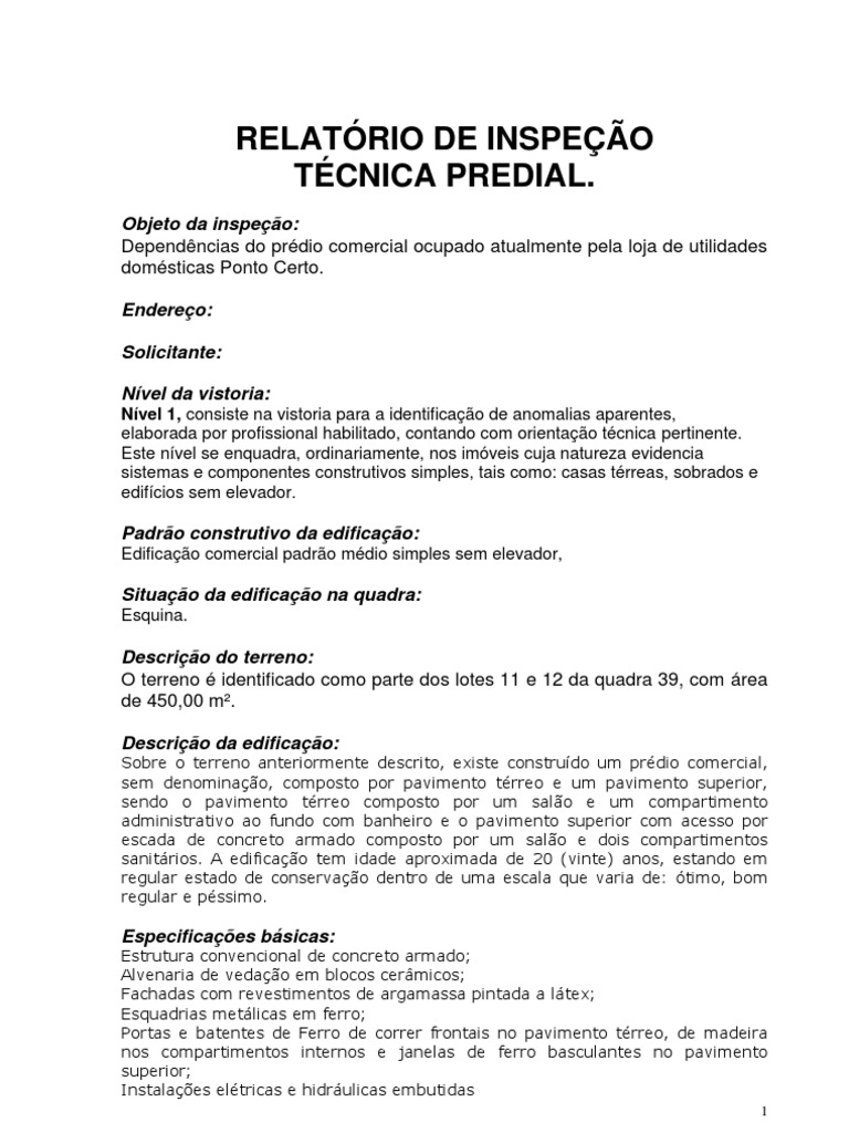 LAUDO TÉCNICO DE VISTORIA PoTo Argamassa Construção