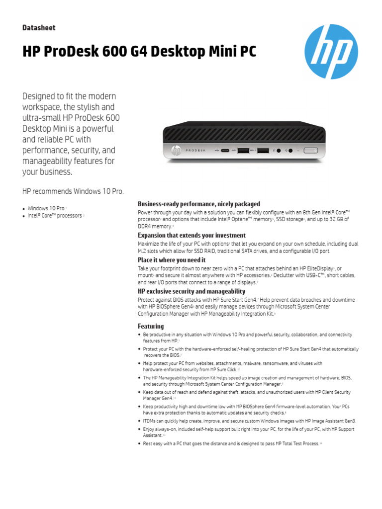 HP ProDesk 600 G4 Mini PC Overview | PDF | Windows 10 | Microsoft Windows