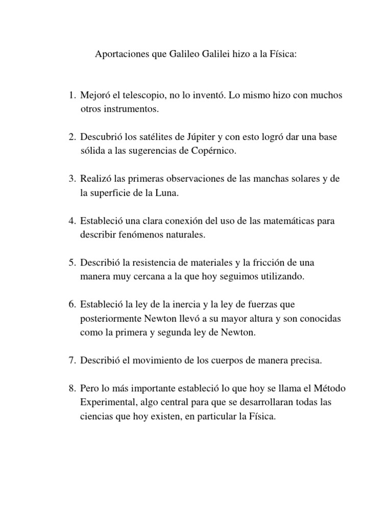 Aportaciones que Galileo Galilei hizo a la Física