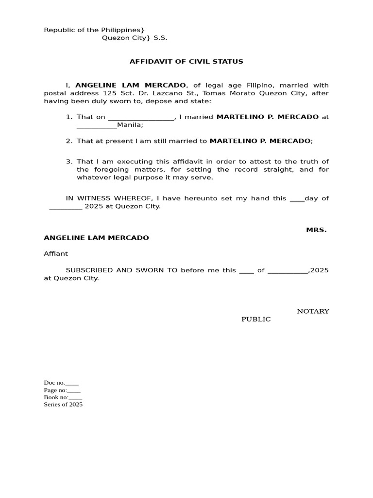 Affidavit of Civil Status in Quezon City | PDF