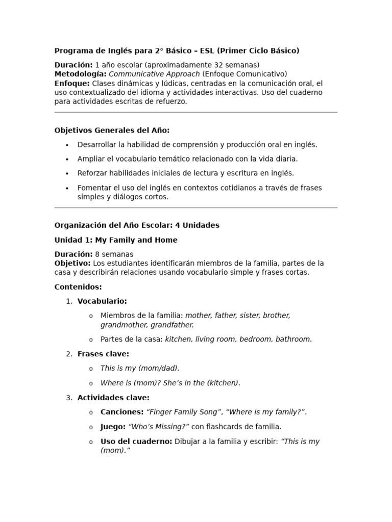 Programa de Inglés para 2° Básico - ESL | PDF