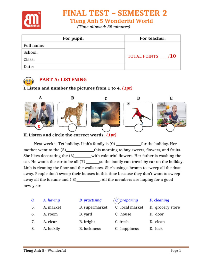 Final Test for Tieng Anh 5 Students | PDF