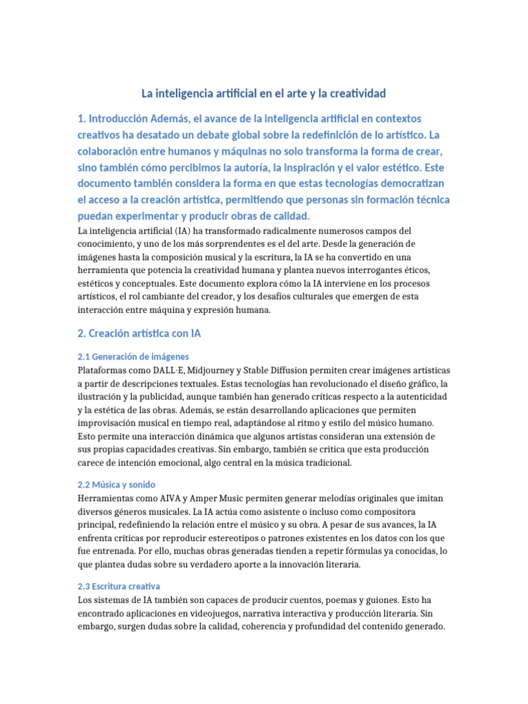 IA en Arte y Creatividad 4 Paginas | PDF | Inteligencia artificial ...