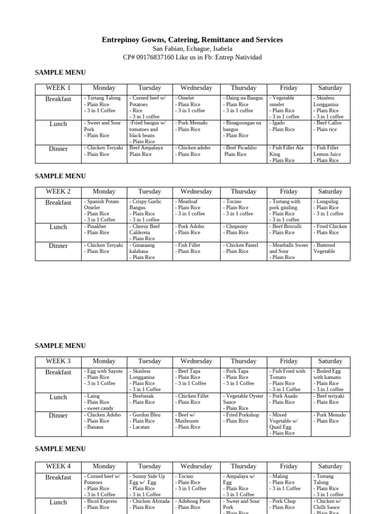 Entrepinoy Catering Sample Menu Guide | PDF | Lunch | Cuisine