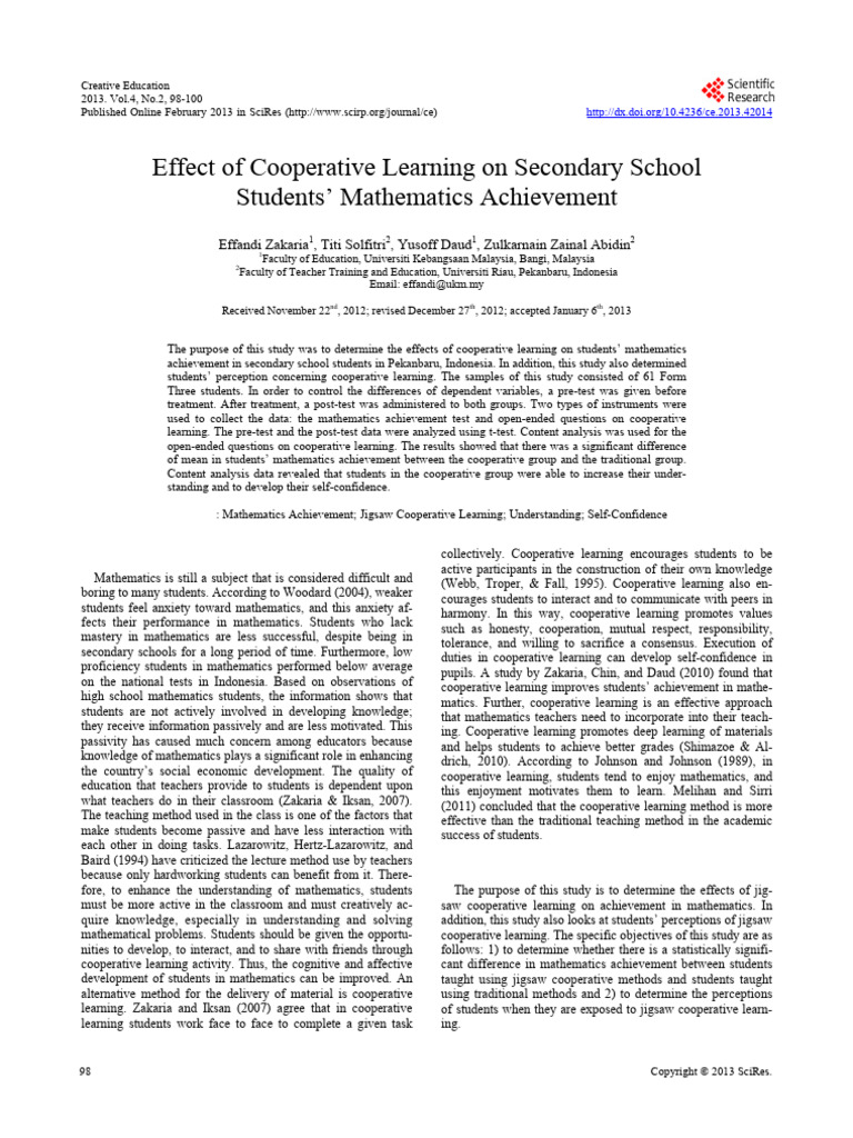 Effect of Cooperative Learning On Secondary School Students ...
