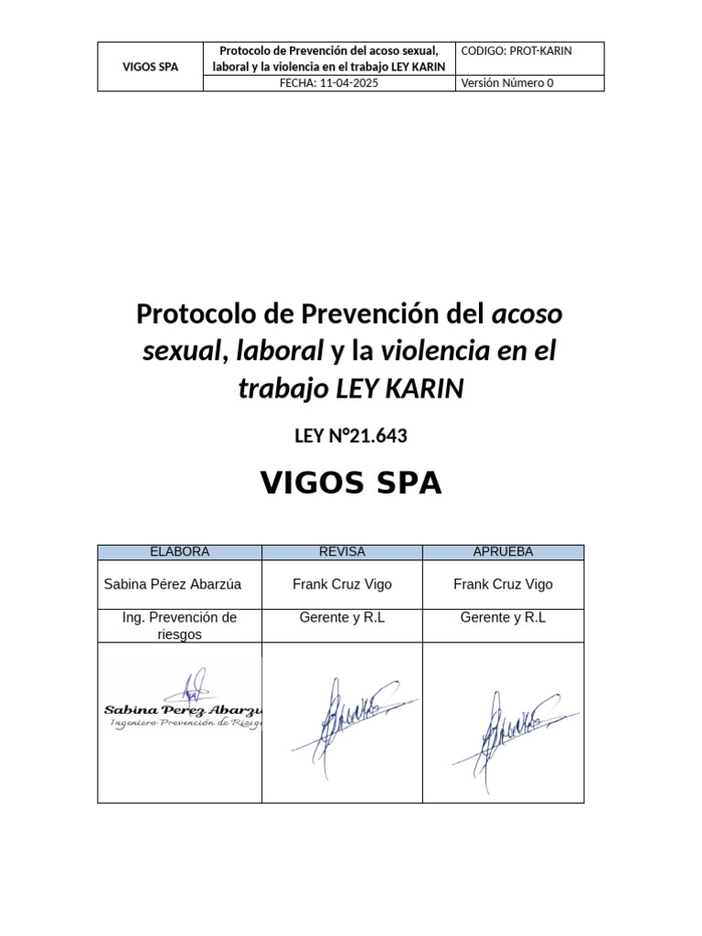 Protocolo de Prevencion de Acoso Laboral, Sexual y Violencia en El ...