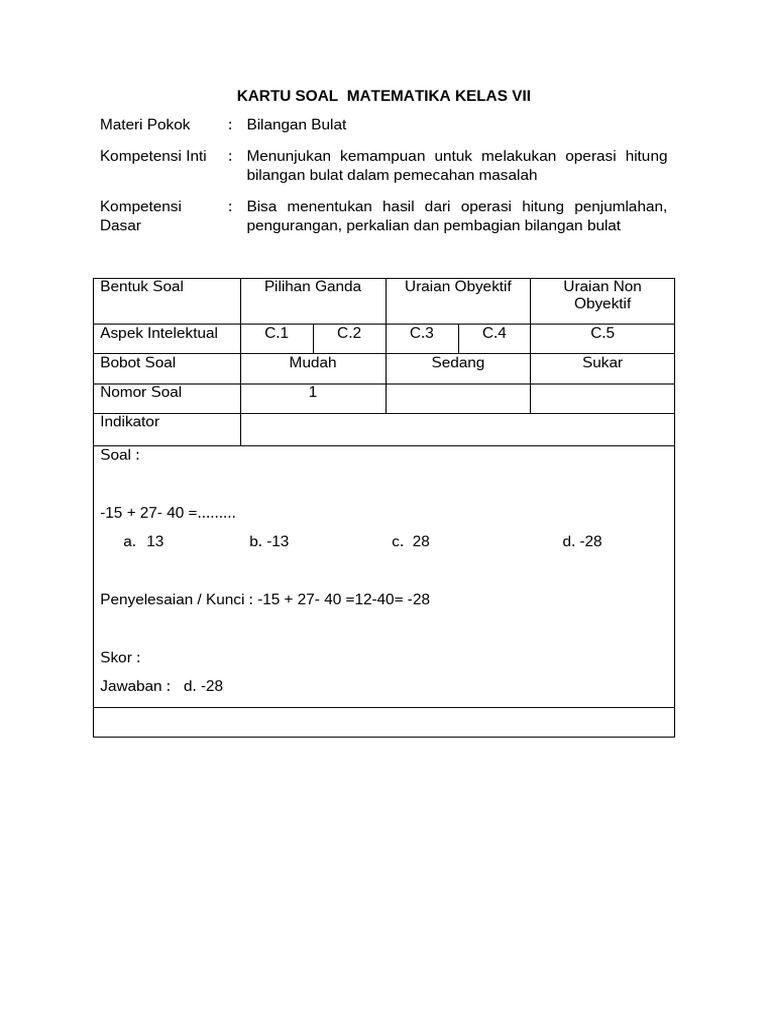 Kartu Soal Matematika Kelas VII | PDF