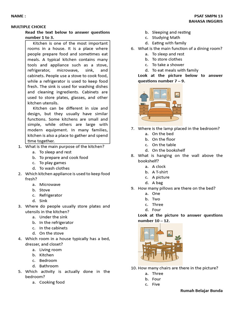 Psat BHS Inggris - SMPN 13 | PDF | Kitchen | Room