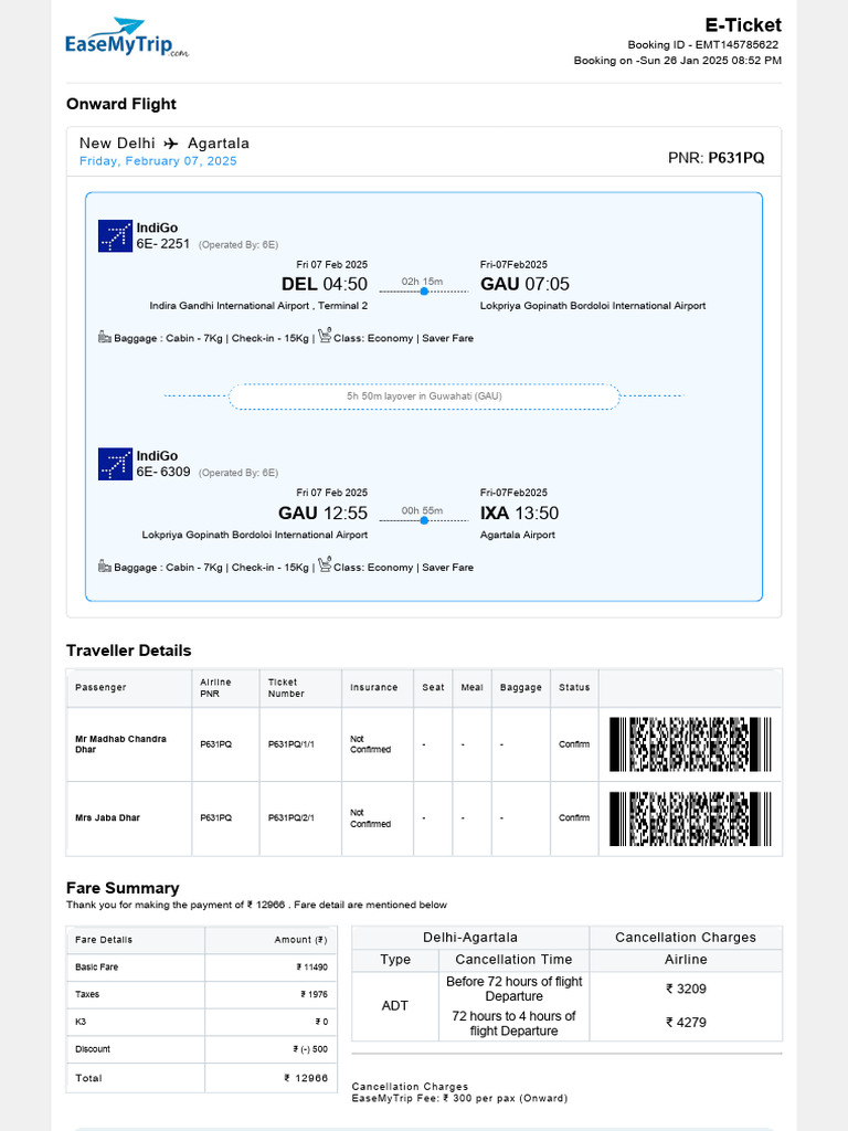 Agartala to Delhi Flight Booking Details | PDF | Travel Visa