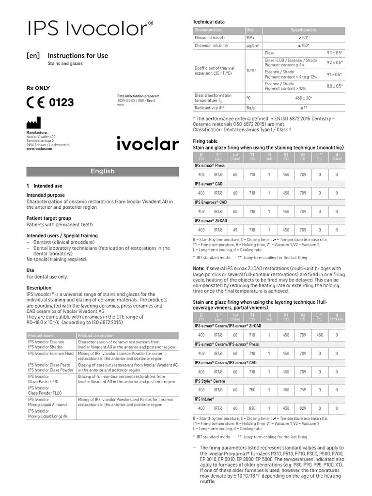 IPS Ivocolor® Stains and Glazes Guide | PDF | Glasses | Ceramics