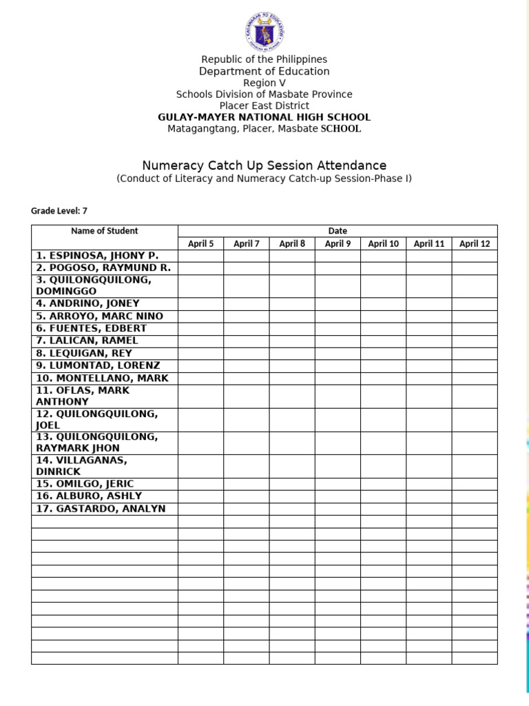 Attendance On LitNum Catch Up Session | PDF | Reading (Process)