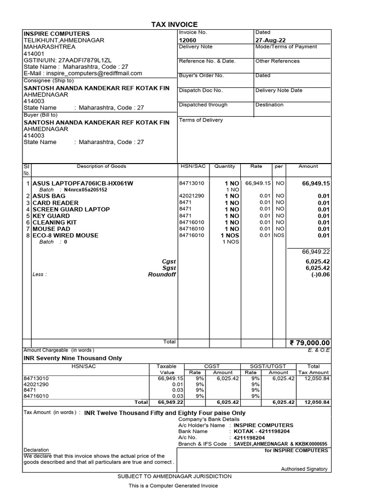 Description of Goods Amount Per Rate Quantity Hsn/Sac | PDF | Invoice ...