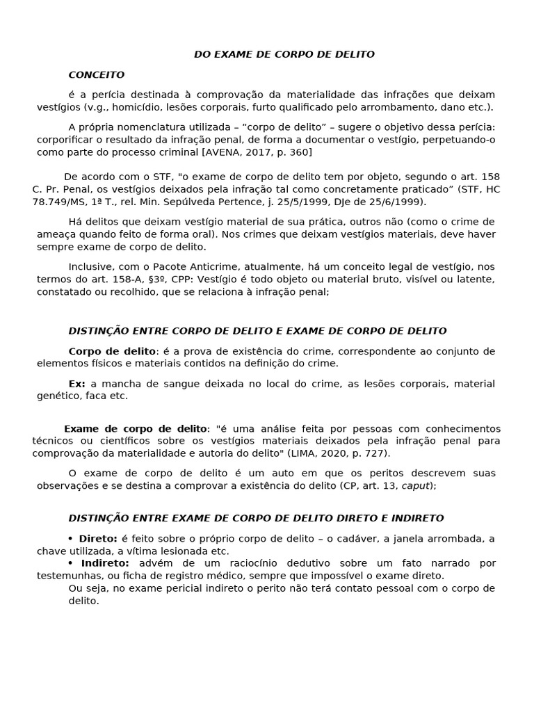 Exame de Corpo de Delito: Conceitos e Tipos | PDF