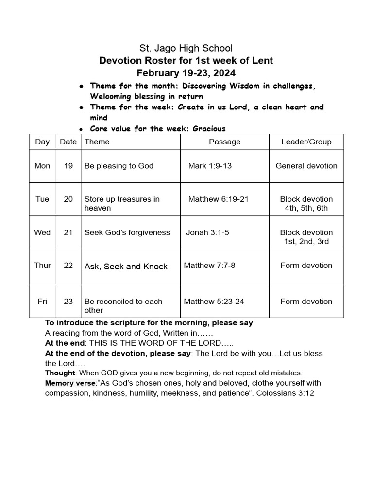 St. Jago Devotion Roster: Lent Week 1 | PDF