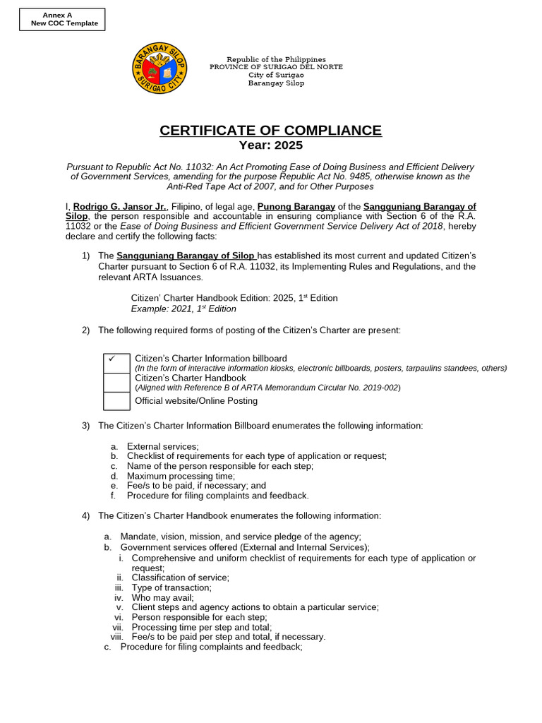ARTA MC No 2021 10 Annex A New COC Template | PDF