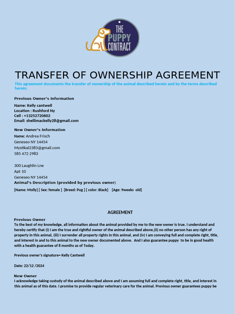 Dog Ownership Transfer Agreement | PDF