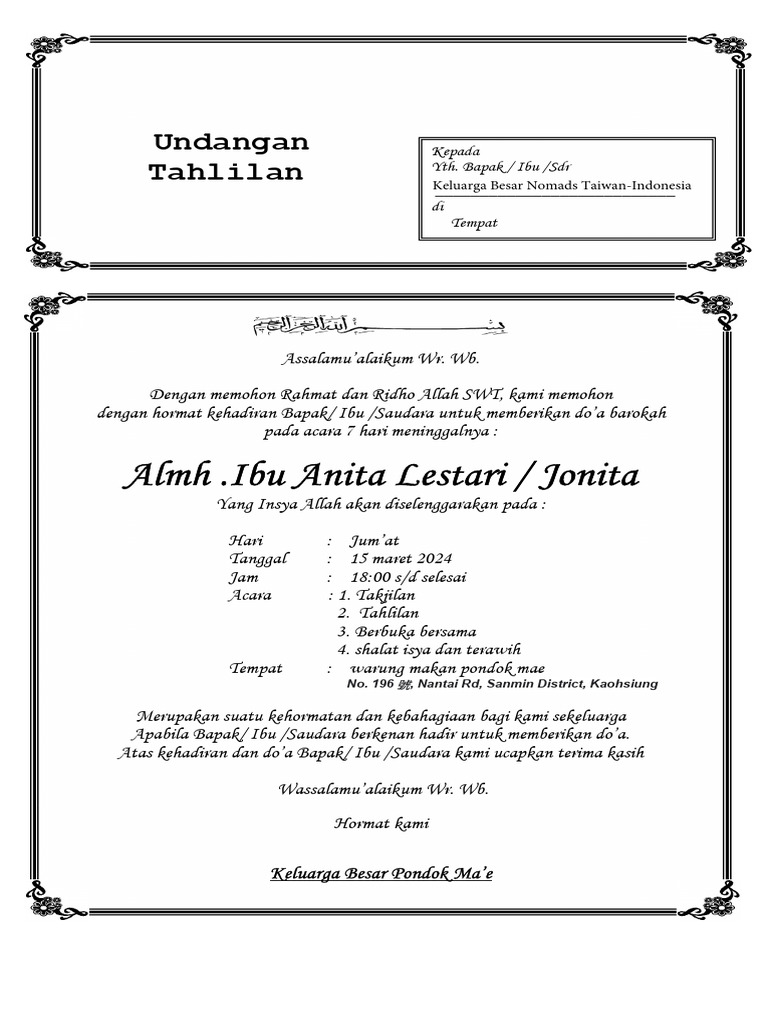 Undangan Tahlilan 7 Hari Almh. Anita | PDF