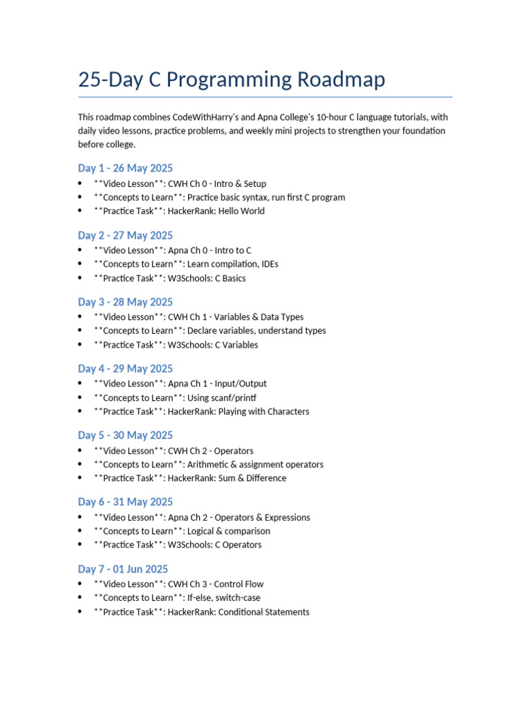 C Programming 25 Day Roadmap | PDF | Control Flow | Pointer (Computer ...