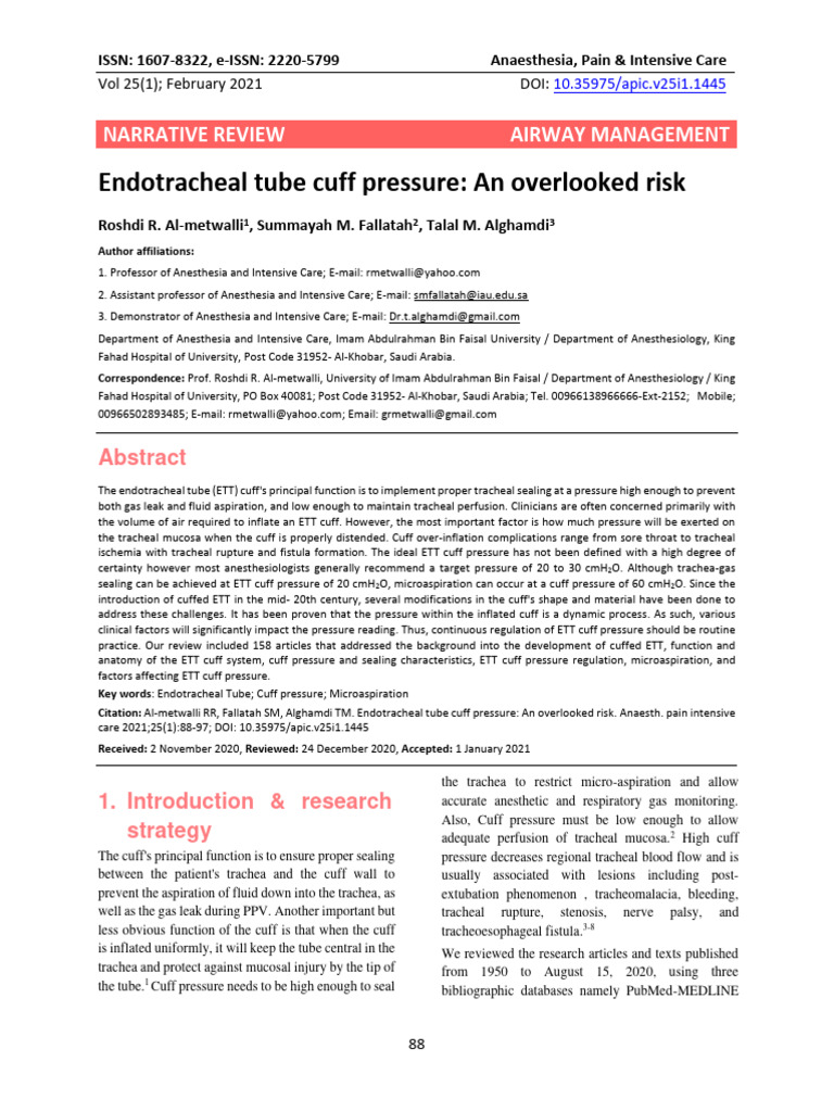 Endotracheal Tube Cuff Pressure | PDF | Respiratory System | Clinical ...