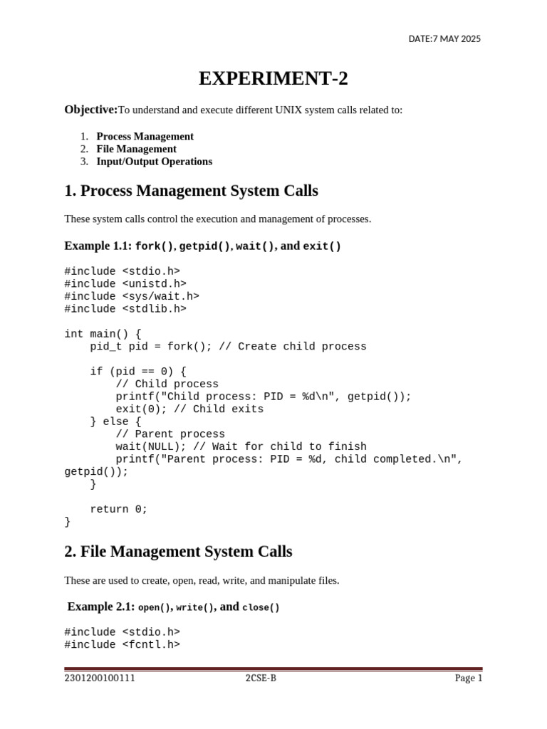 UNIX System Calls: Process, File, I/O | PDF | Computer Engineering ...