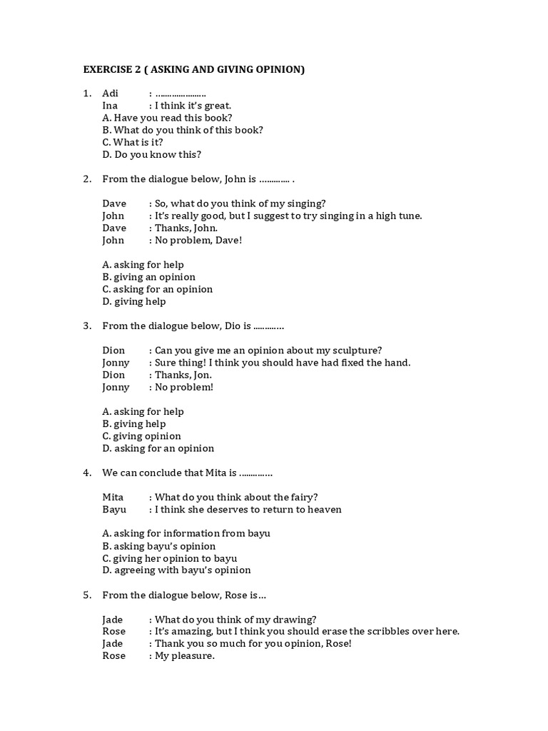 Asking and Giving Opinions Exercises | PDF