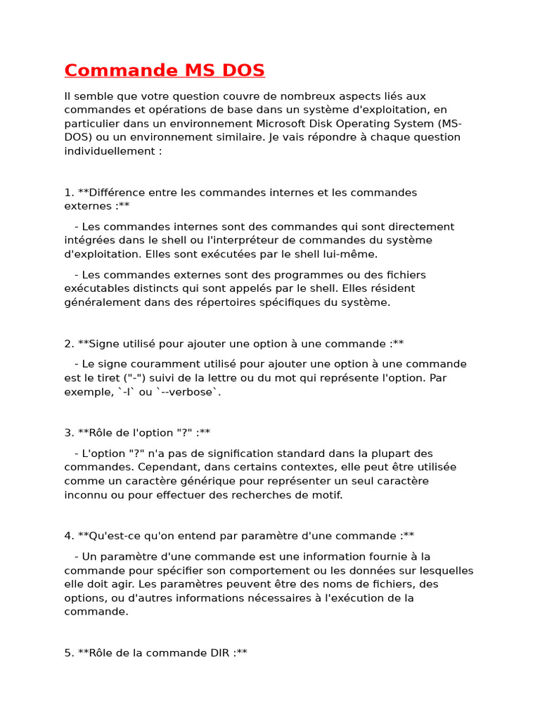 Commandes essentielles de MS-DOS | PDF | Informatique | Logiciel système