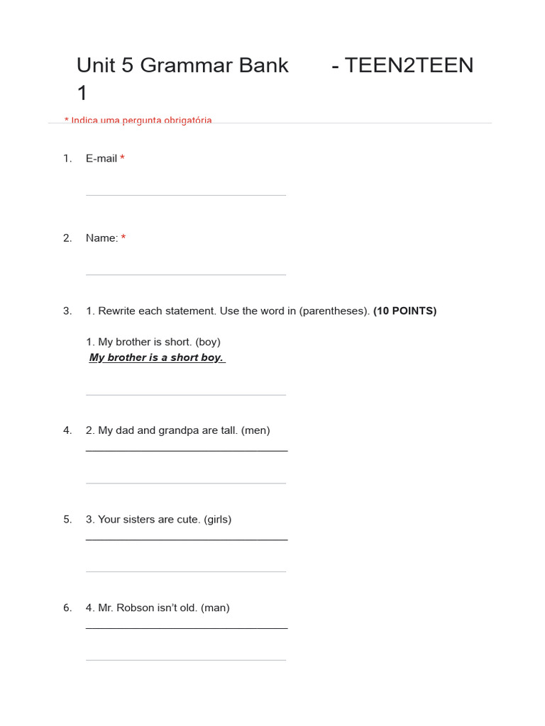 Cópia de UNIT 5 Grammar Bank - TEEN2TEEN 1 - Formulários Google | PDF