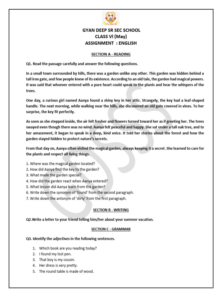 English Assignment for Class VI | PDF | Linguistic Typology ...
