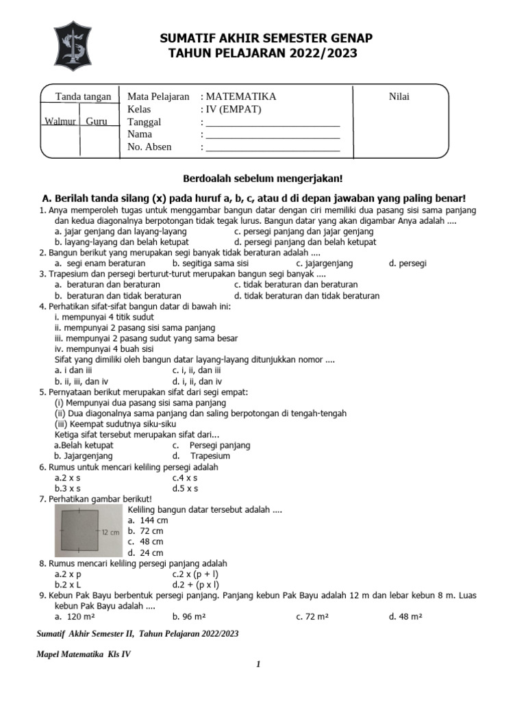 Soal Matematika Kelas 4 Semester 2 | PDF