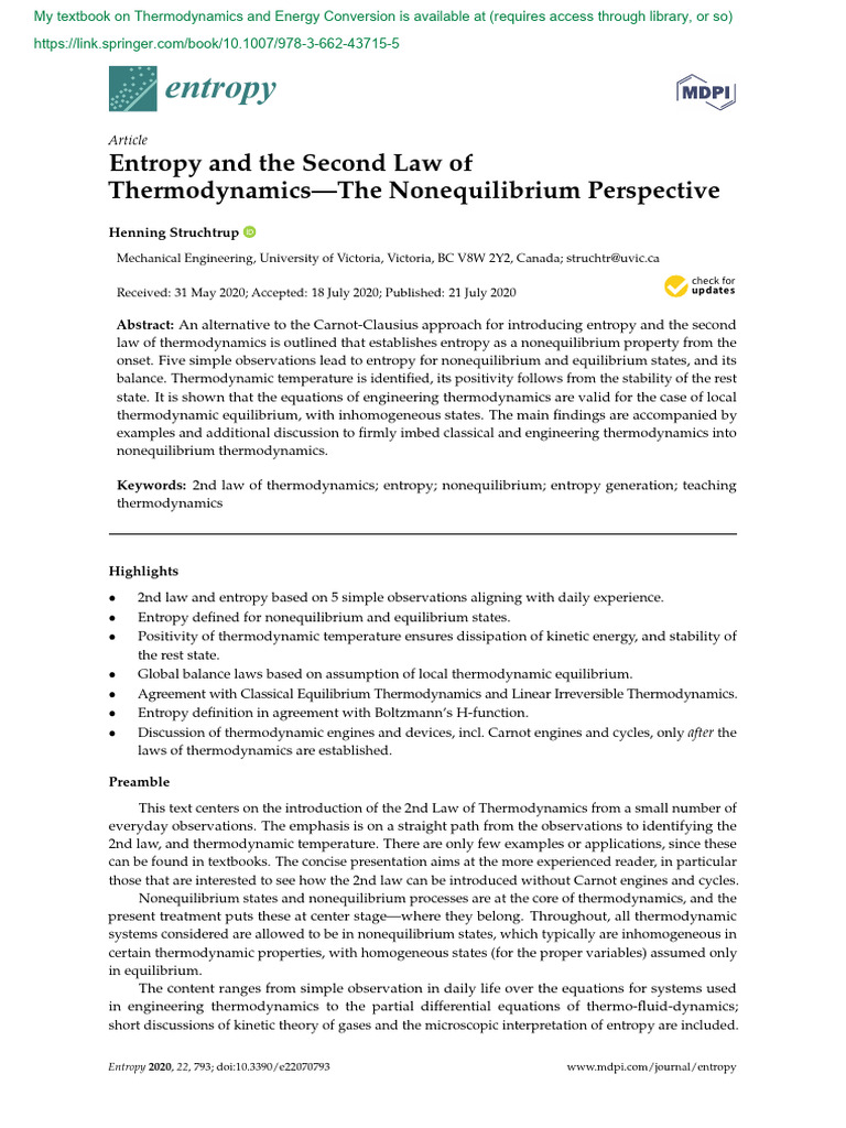 2020 Entropy NonEq | PDF | Temperature | Non Equilibrium Thermodynamics