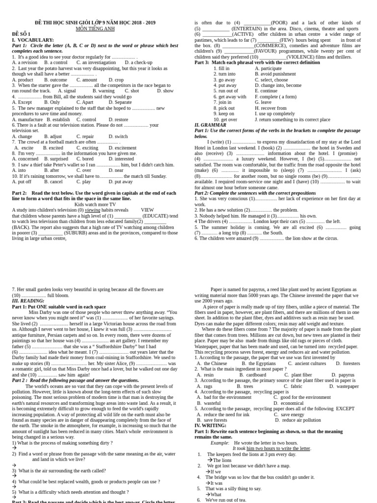 9th Grade English Proficiency Exam 2018-2019 | PDF | Paper | Recycling