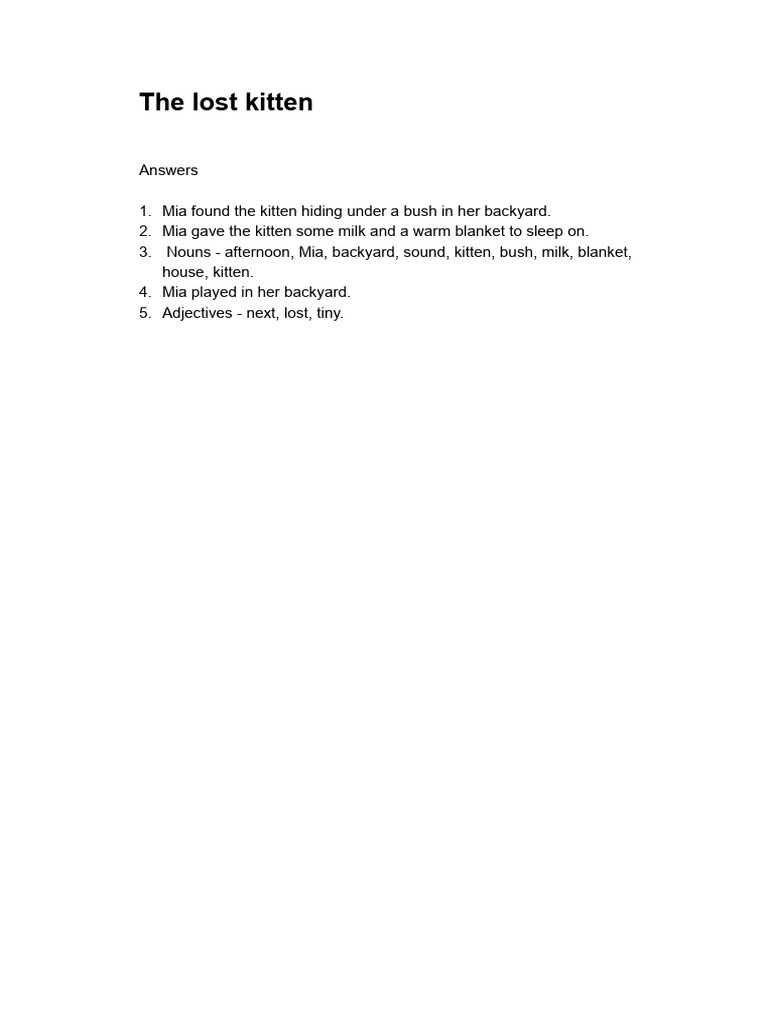 Lost Kitten Story and Comprehension Answers | PDF
