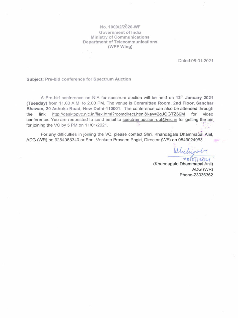 Notice For Pre Bid Conference On Spectrum Auction 2021 - 5 | PDF