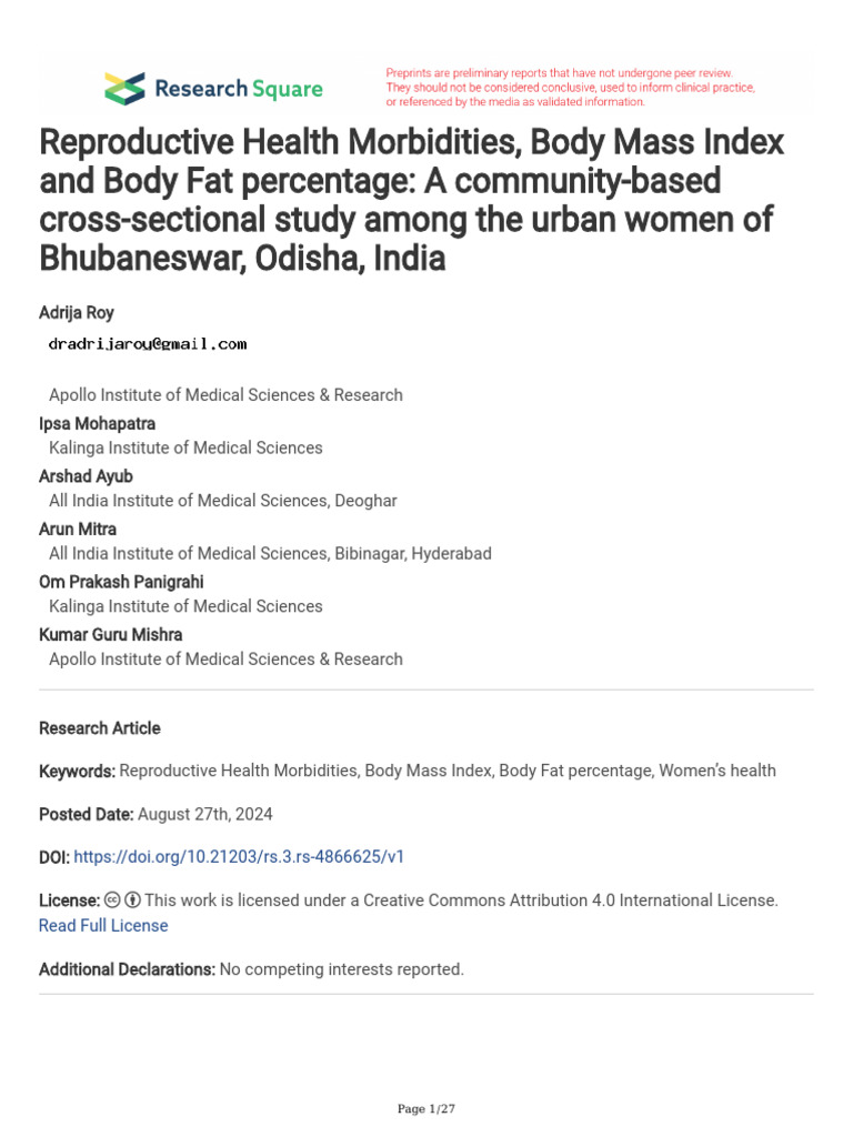 Roy Et Al 2024 Reproductive Health Morbidities, Body Mass Index and ...
