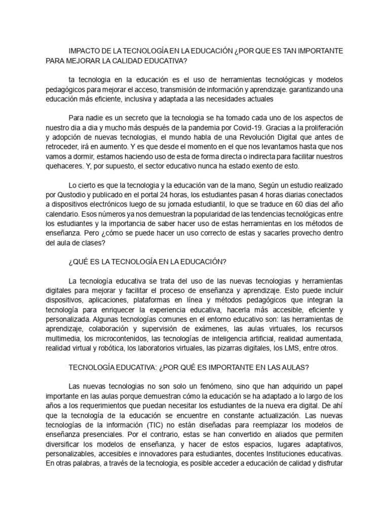 Impacto de la Tecnología en Educación | PDF | Tecnología de información ...