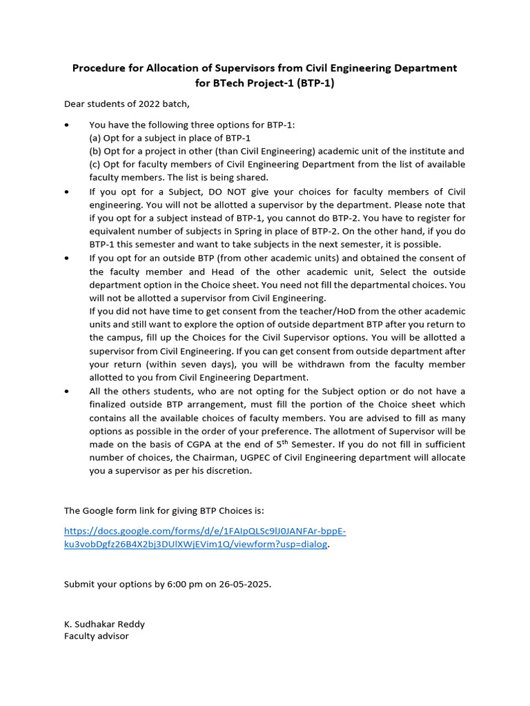 Procedure For Allocation of Supervisors From Civil Engineering ...