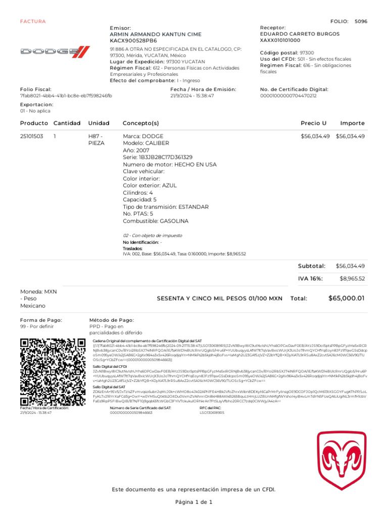 Factura CFDI para Vehículo Dodge 2007 | PDF