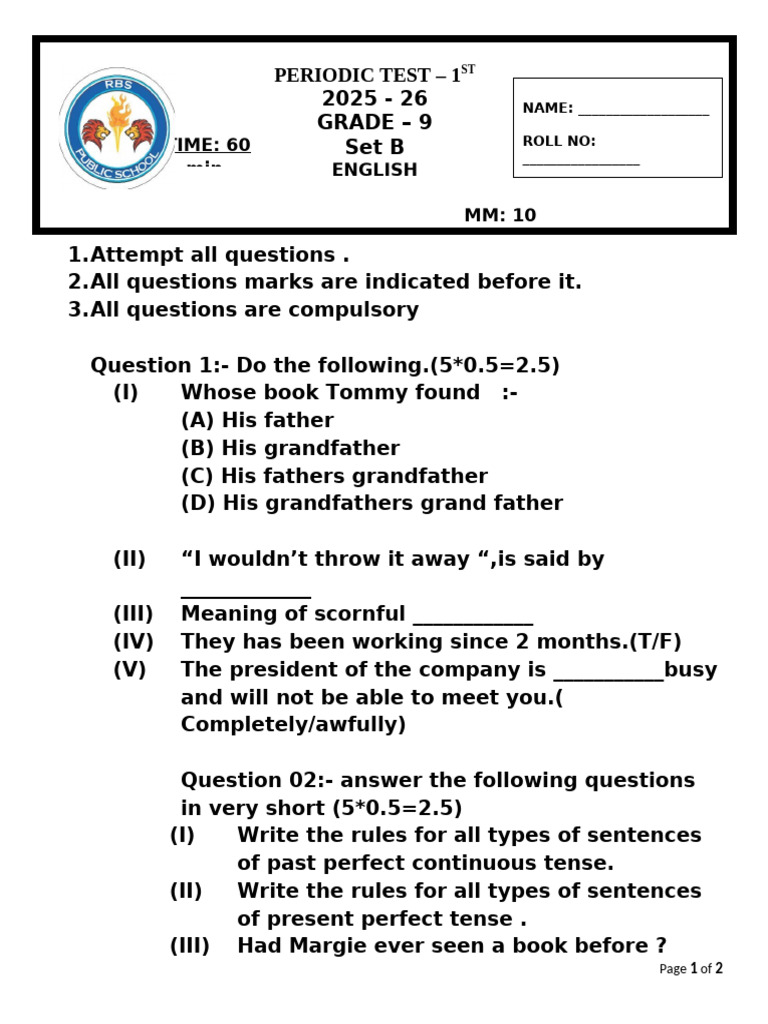 Paper 9 TH Class Set B | PDF
