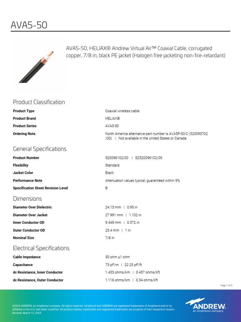 AVA5-50 Coaxial Cable Specs | PDF | Coaxial Cable | Electronics