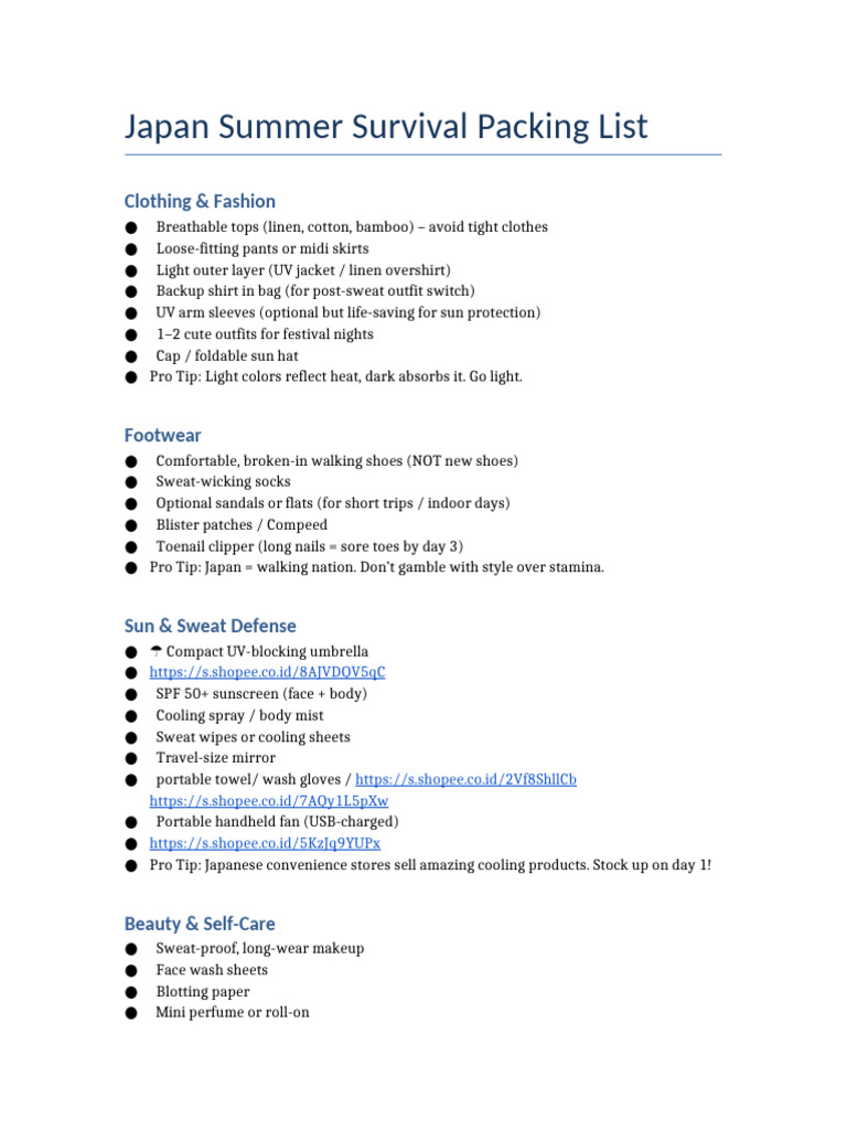 Japan Summer Survival Packing List | PDF