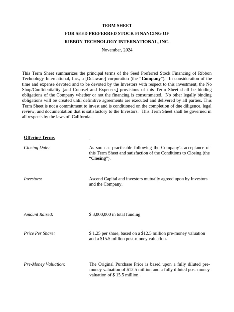 Seed Preferred Stock Term Sheet for Ribbon Tech | PDF | Stocks ...